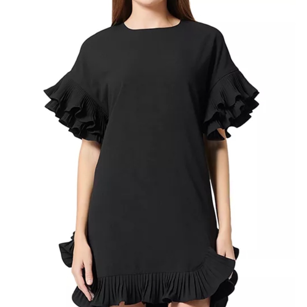 Gracia Ruffled Elbow Sleeve Dress black size medium